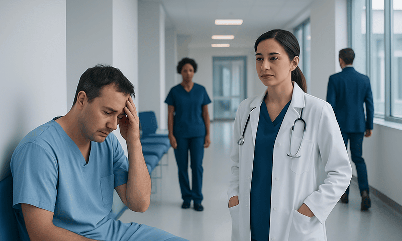 Concerned male patient with healthcare professionals in hospital corridor.