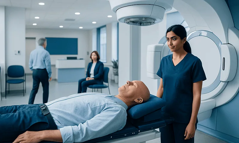 Patient undergoing radiotherapy scan at Acibadem Hospital.