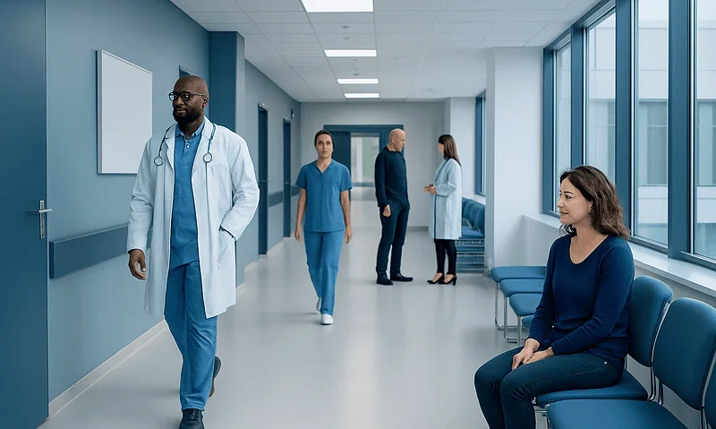 Medical professionals and patient in a hospital corridor with large windows.