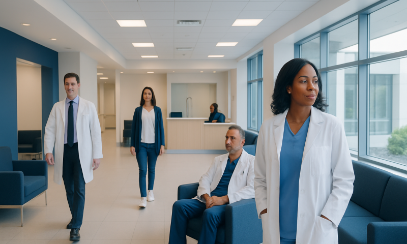 Medical team in hospital lobby with large windows and modern decor.
