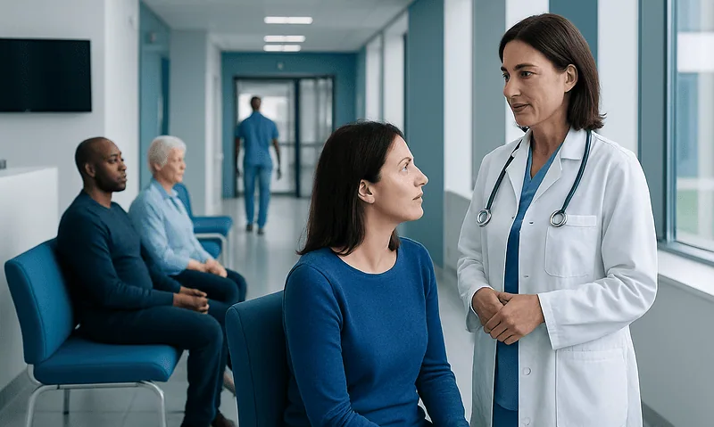 Doctor consulting a patient in a hospital corridor with other patients nearby.