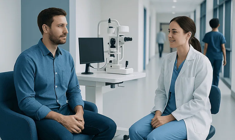 Refractive Surgery: Procedure, Recovery and Results 6 Ophthalmologist consulting patient in modern clinic corridor.