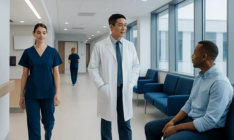 Medical consultation in a modern hospital corridor with healthcare professionals and patient.