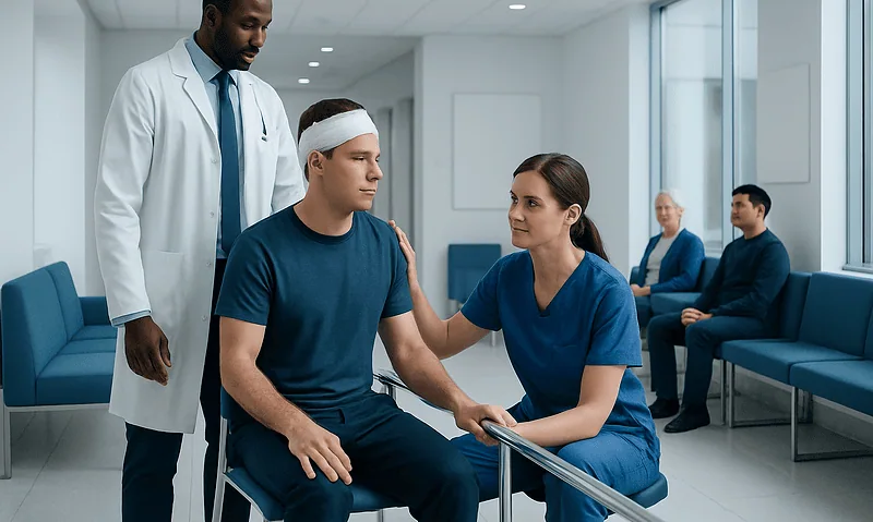 Rehab for Brain Injury: An Evidence-Based Patient Guide 6 Patient with brain injury receiving support from medical staff in hospital.