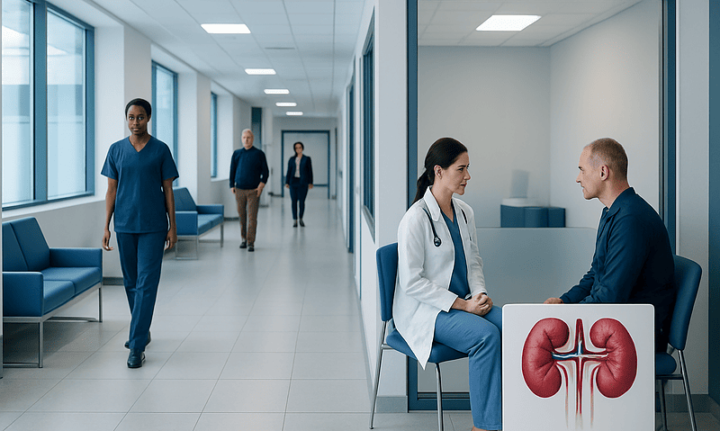 Medical consultation in a hospital with kidney health illustration.