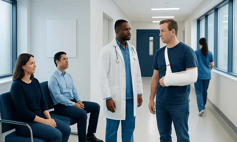 Patient with arm injury consulting with doctor in hospital corridor.
