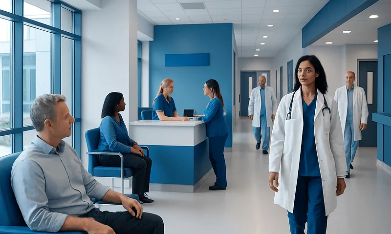 Medical staff and patients in a modern hospital corridor at Acibadem Hospitals Group.