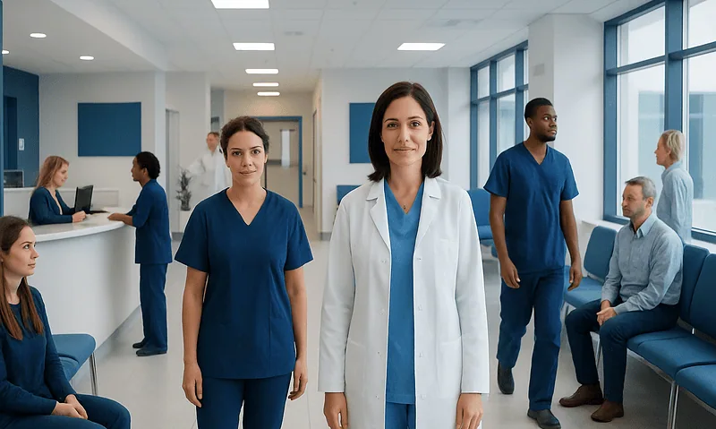 Healthcare professionals in a hospital waiting area with medical staff and patients.
