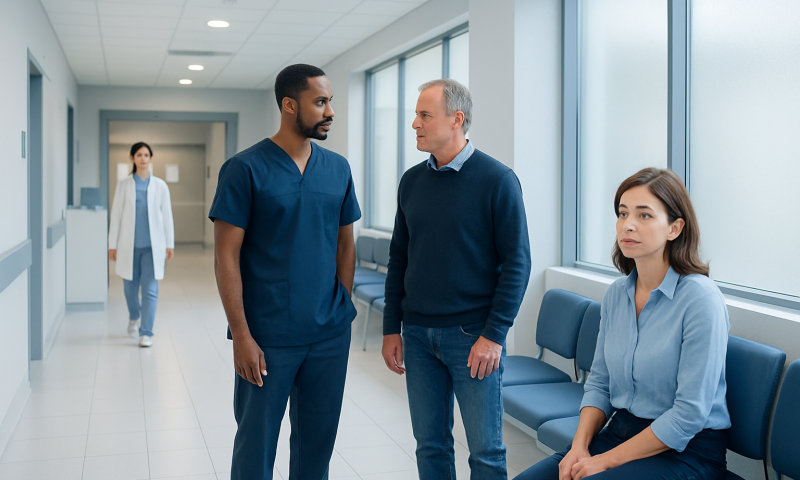 Medical professionals discussing patient care in hospital corridor.