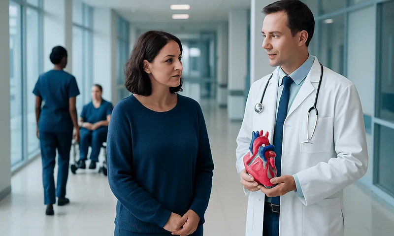 Doctor explaining heart health to a patient in hospital corridor.