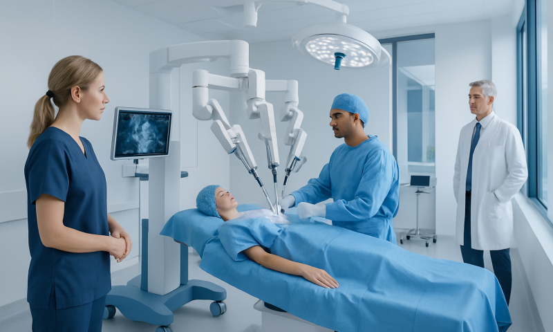 Robotic thoracic surgery procedure in a modern hospital operating room.