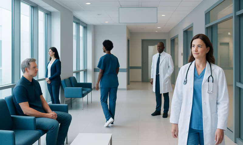 Medical professionals and patients in a modern hospital corridor.