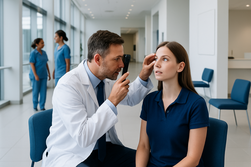 Rust Ring Removal Eye: Procedure, Recovery and Results 1 Ophthalmologist examining a patient's eye in a modern clinic setting.