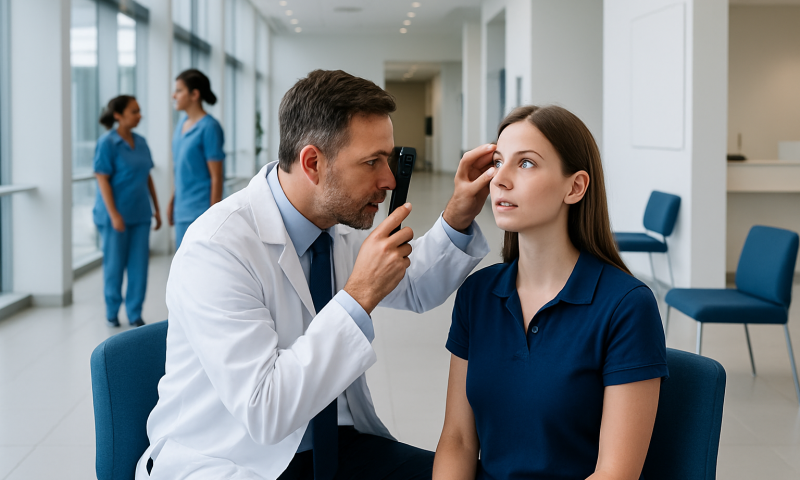 Ophthalmologist examining a patient's eye in a modern clinic setting.