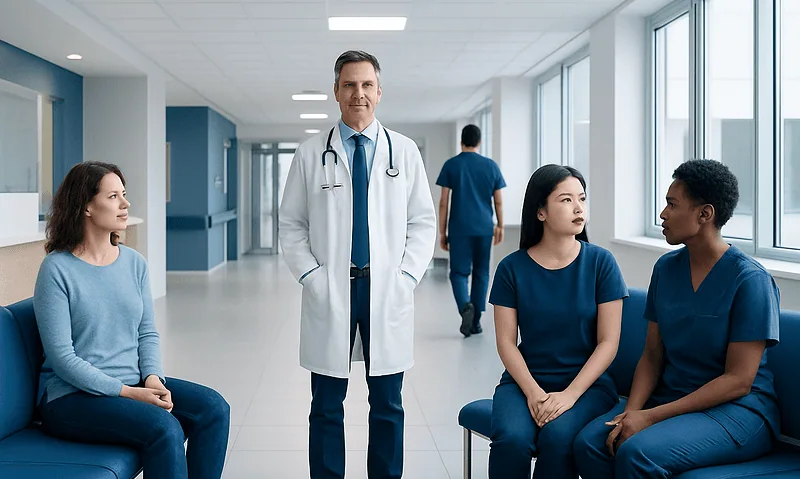 Medical team in hospital corridor with doctor and nurses.