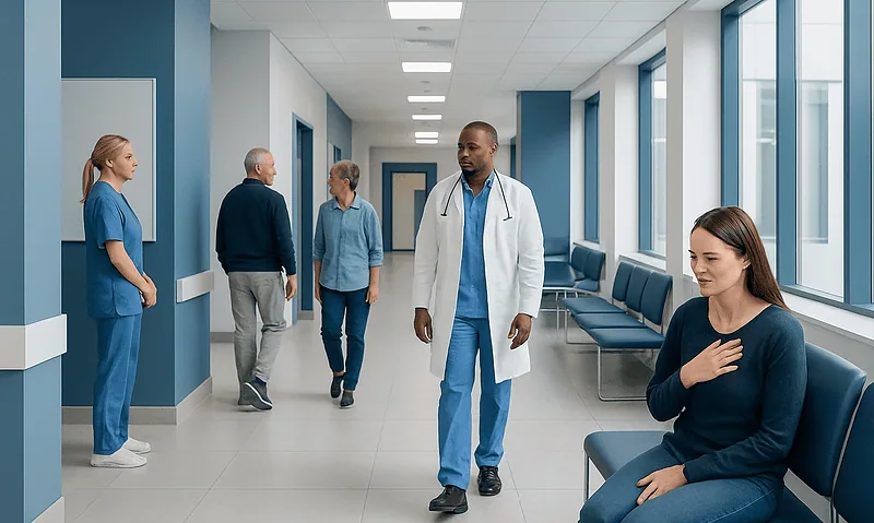 Patient experiencing chest pain in hospital corridor with medical staff nearby.