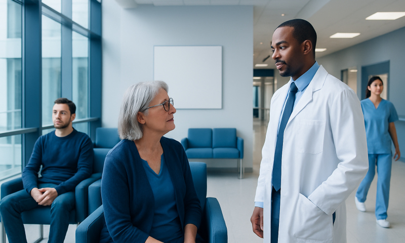 Doctor consulting with elderly female patient in hospital waiting area.