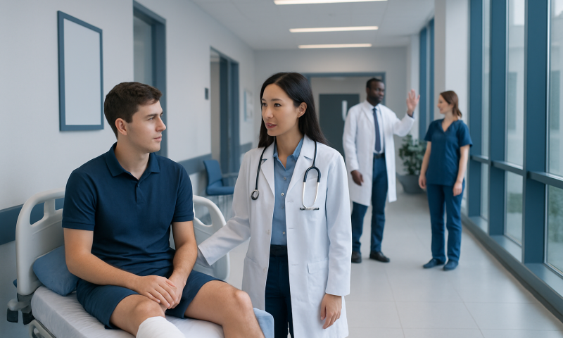 Doctor consulting a young male patient in hospital corridor.