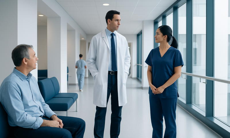 Medical team discussing patient care in hospital corridor.