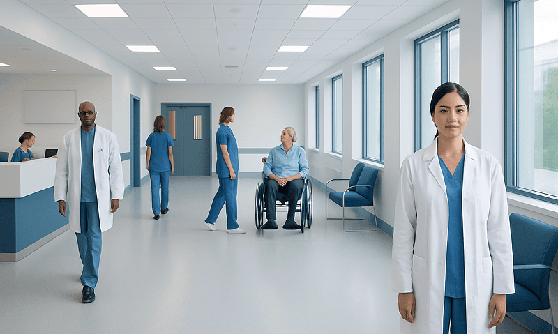 Healthcare professionals and patient in a modern hospital corridor.
