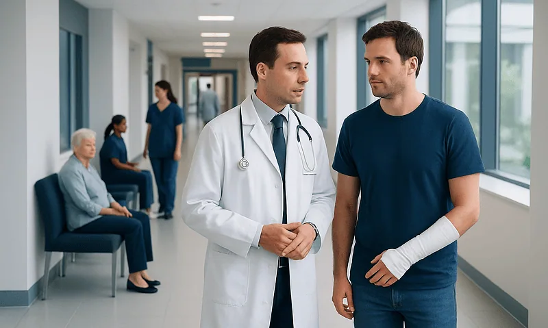 Doctor consulting with patient in hospital corridor with waiting area.