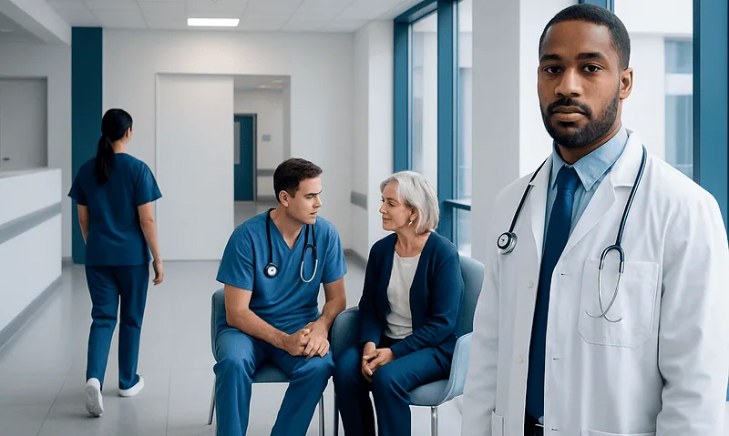 Health Library 6 Medical team consulting with patient in hospital corridor.