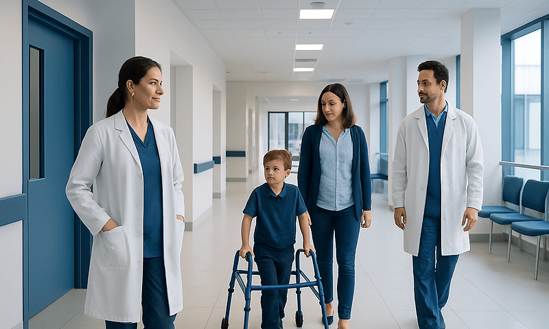 Medical team walking with young patient in hospital corridor.