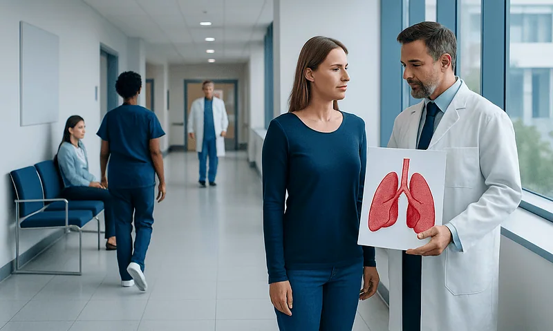 Doctor explaining lung anatomy to a patient in hospital corridor.
