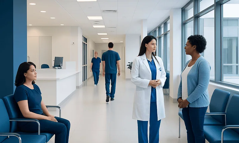Healthcare professionals and patient in a modern hospital corridor.