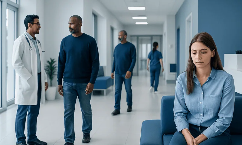 Patient experiencing emotional distress in a hospital corridor with medical staff nearby.