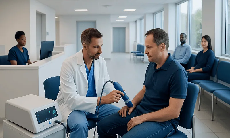 Doctor performing shockwave therapy on male patient in clinic.