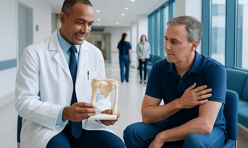 Doctor explaining shoulder anatomy to patient in hospital corridor.