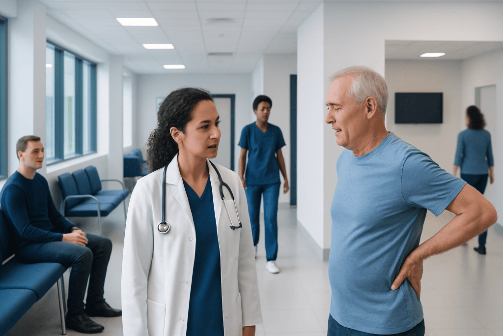 Si Joint Ablation: Procedure, Recovery and Results 1 Doctor consulting with a senior male patient in a hospital corridor.