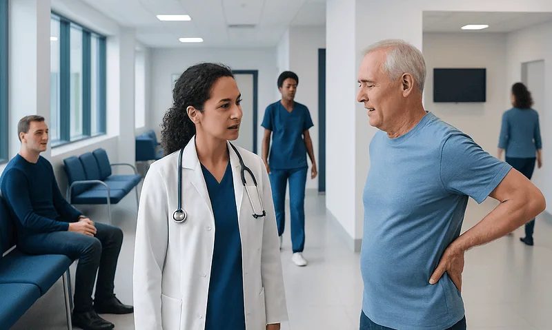 Doctor consulting with a senior male patient in a hospital corridor.