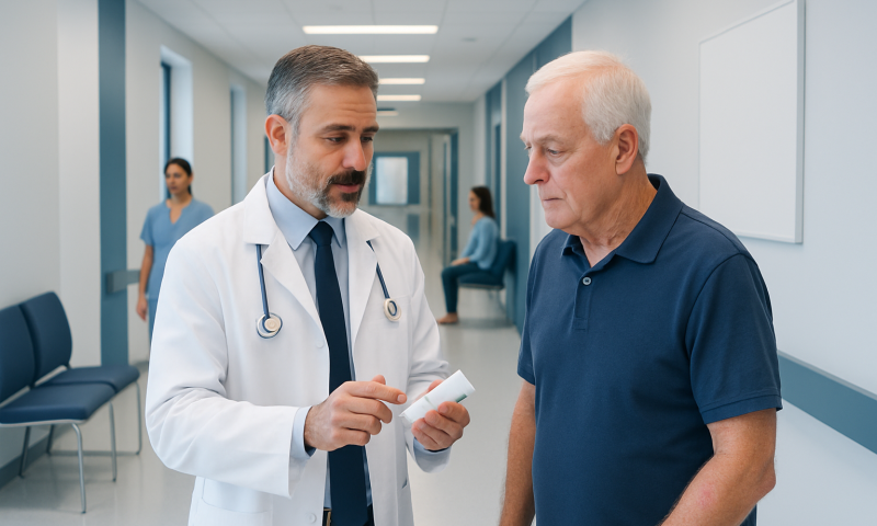 Doctor consulting with an elderly patient in a hospital corridor.