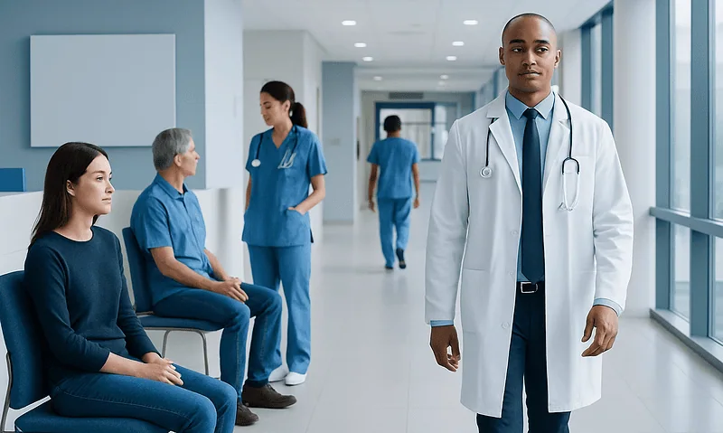 Medical team and patients in hospital corridor, healthcare professionals in blue scrubs.
