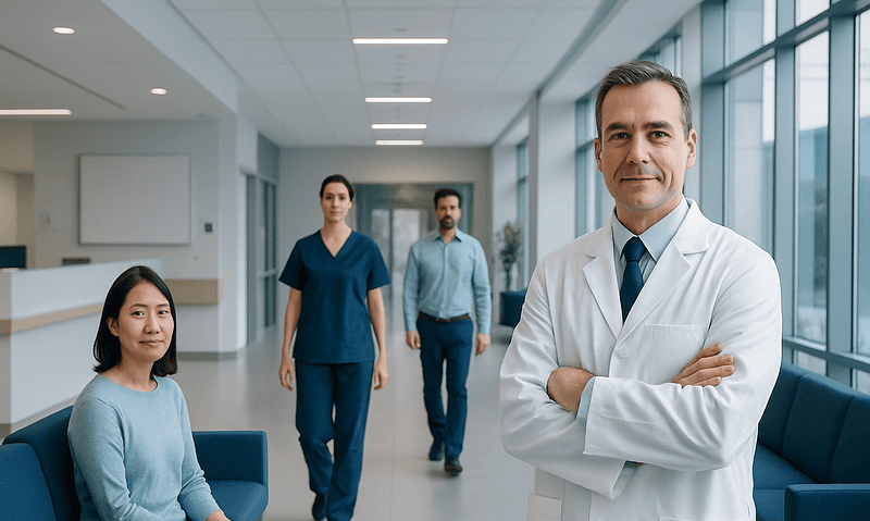 Medical team at Acibadem Hospital with doctor and staff in modern hospital corridor.