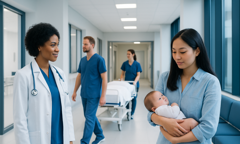 Healthcare professionals and a mother with a baby in a hospital corridor.