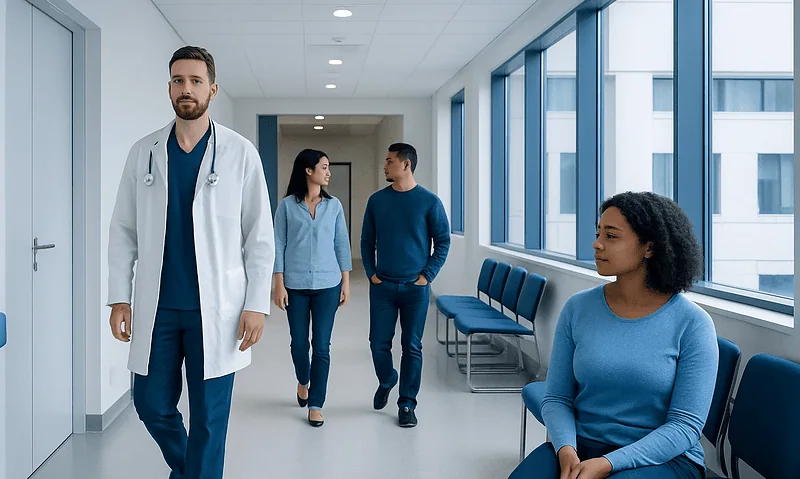 Medical professionals and patient in a hospital corridor at Acibadem Hospitals Group.