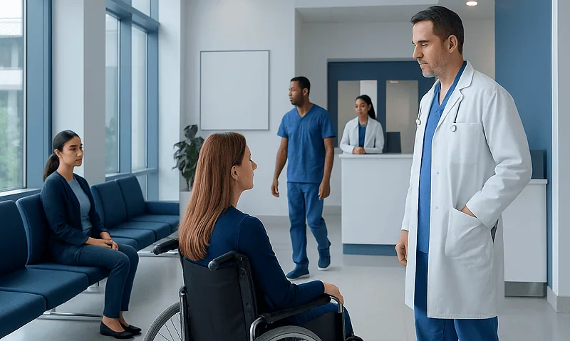 Doctor talking to patient in wheelchair in hospital waiting area.