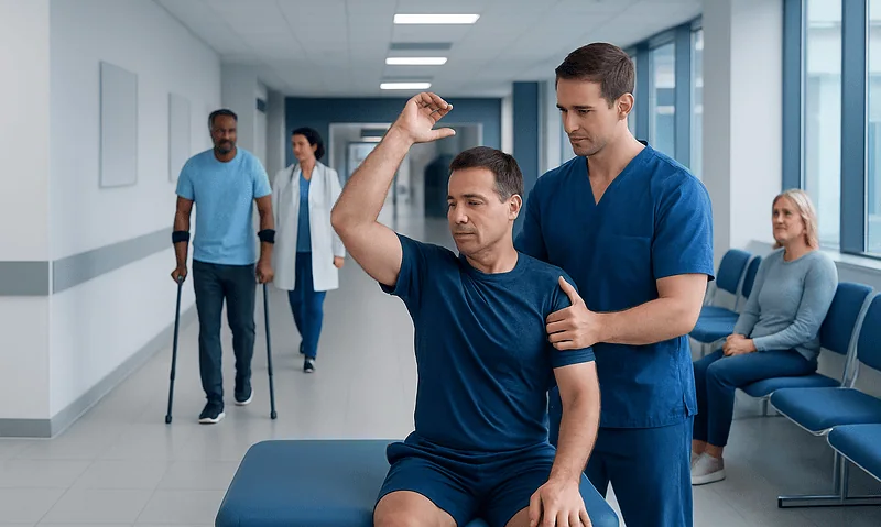 Physical therapy session at Acibadem Hospital with healthcare professionals and patient.