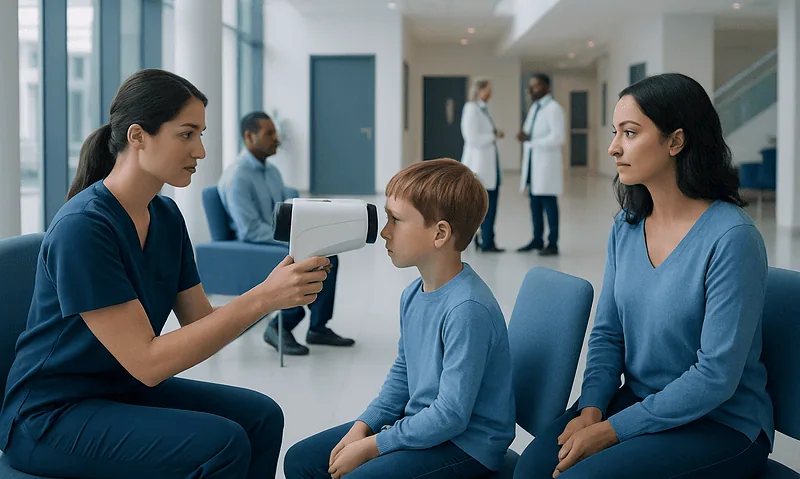 Pediatric eye screening at Acibadem Hospital with medical staff and child patient.