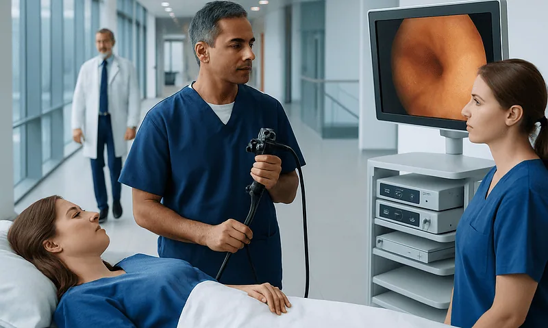 Medical professionals perform endoscopy procedure in hospital setting.