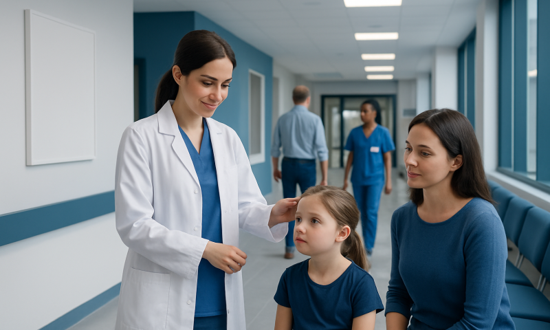 Pediatric eye consultation at Acibadem Hospital with doctor and young patient.