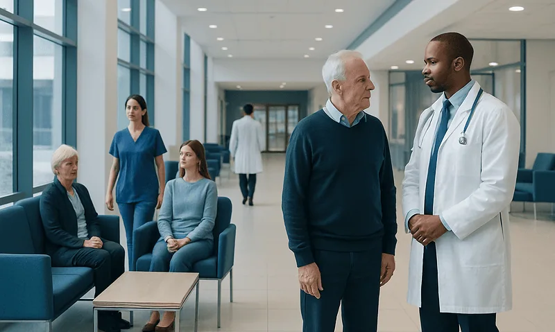 Doctor consulting with elderly patient in hospital corridor.