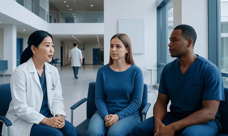 Medical consultation with a doctor and two patients in a modern hospital.