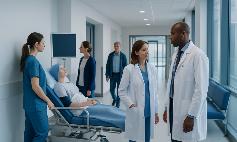 Medical team discussing patient care in hospital corridor.