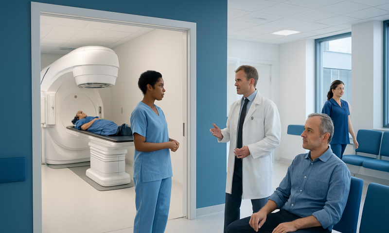 Medical professionals discuss MRI scan results in a modern hospital setting.