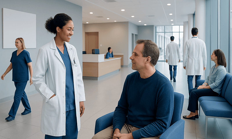 Healthcare professional talking to a patient in a hospital lobby.