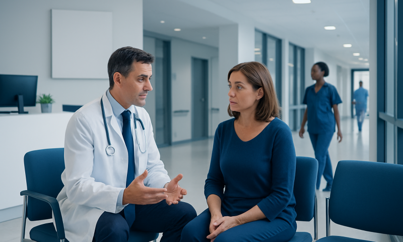 Doctor consulting with a female patient in a hospital corridor.